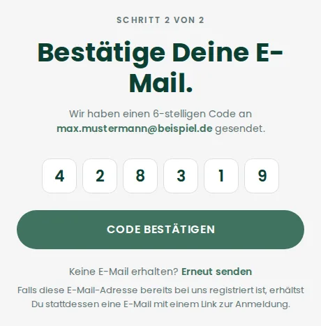 Aktivierungsseite mit Bestätigungscode