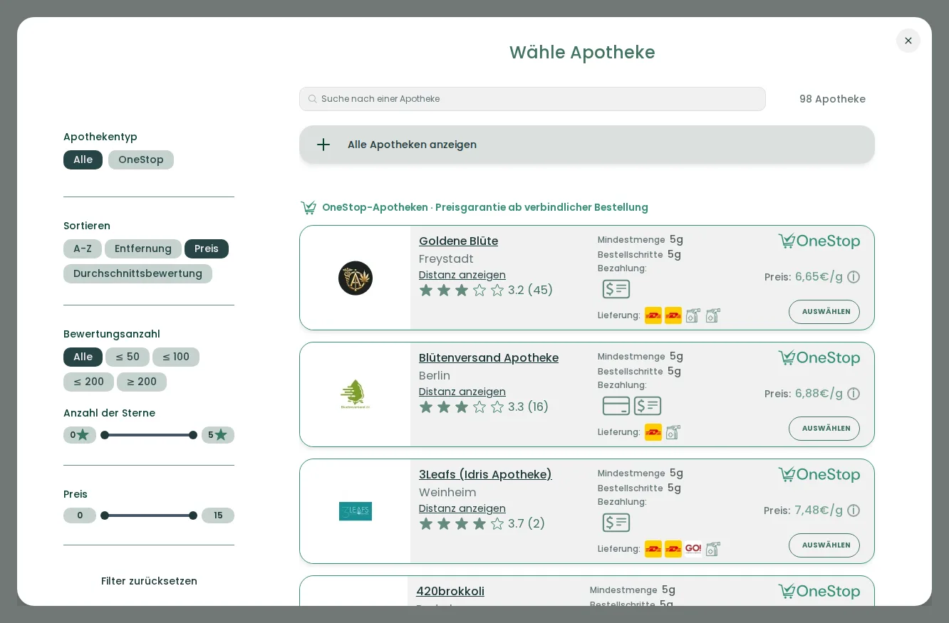Apothekenvergleich mit Preis, Entfernung und Bewertung