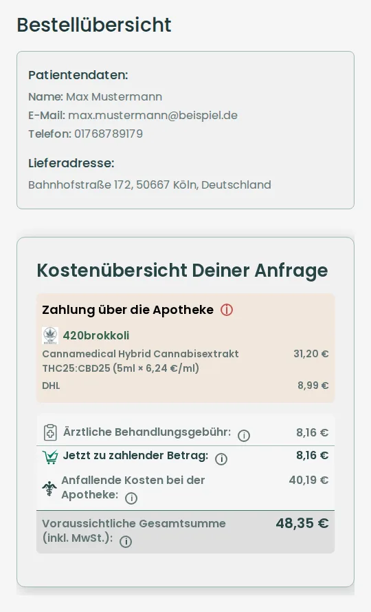 Bestellübersicht und Kostenübersicht