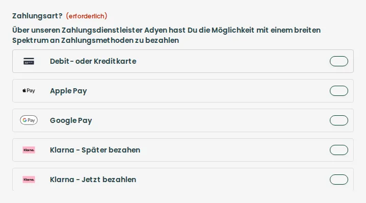 Zahlungsmethoden über Adyen