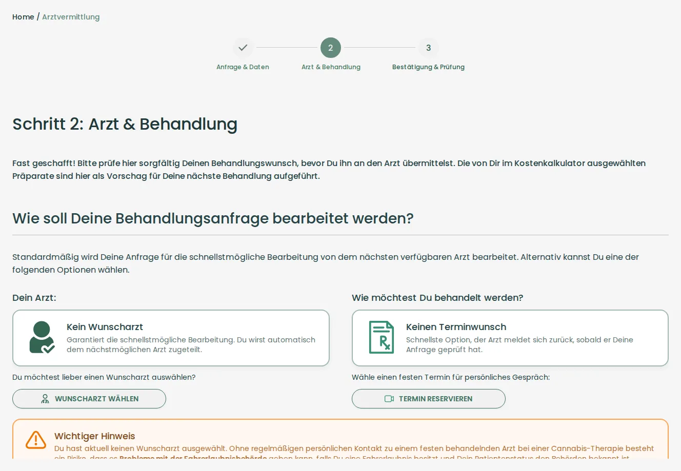 Wunscharzt und Terminwunsch wählen
