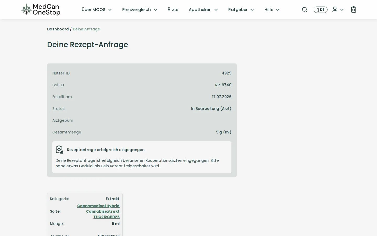 Statusdetail einer Bestellung