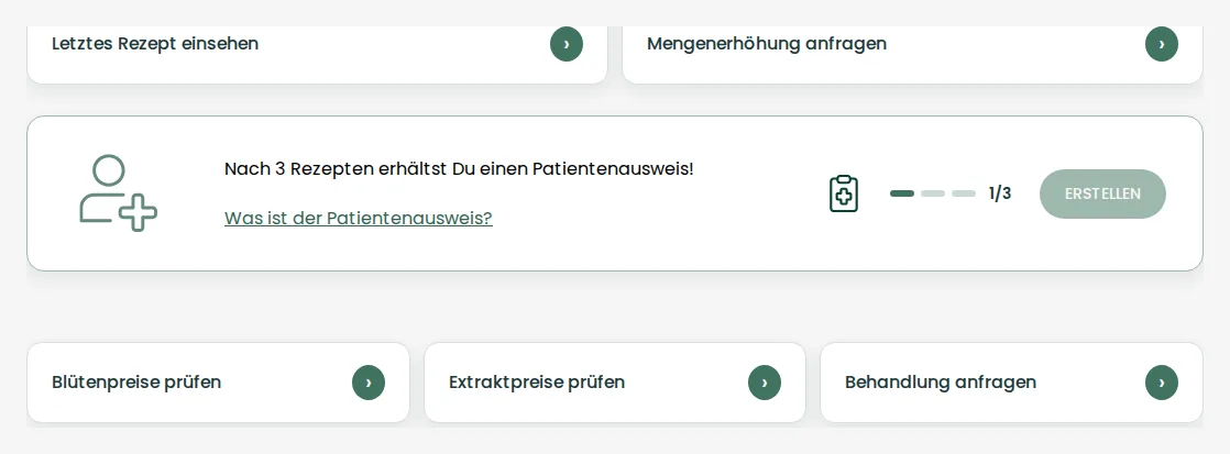 Schnellzugriffe mit letztem Rezept, Mengenerhöhung, Patientenausweis-Fortschritt und Preisvergleich