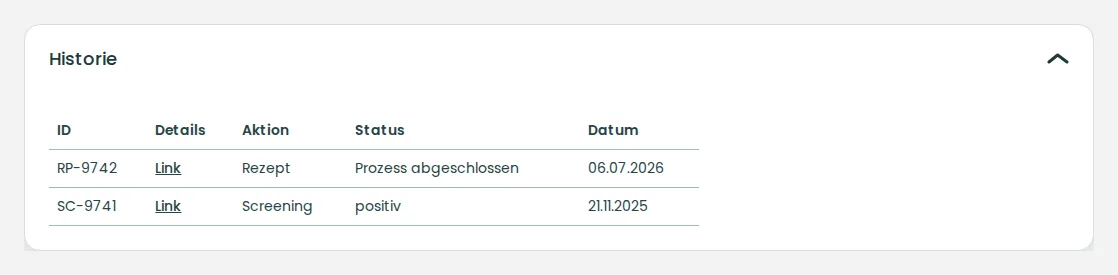 Historie mit allen Anfragen, Status und Details-Link