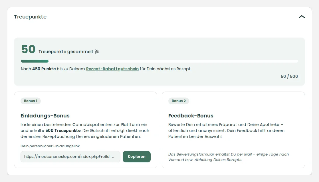 Treuepunkte mit Fortschritt zum Rabattgutschein, Einladungs-Bonus und Feedback-Bonus