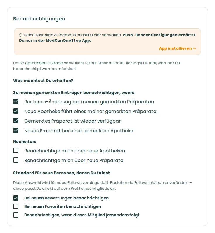 Benachrichtigungs-Einstellungen mit Hinweis, dass Push nur in der App verfügbar ist