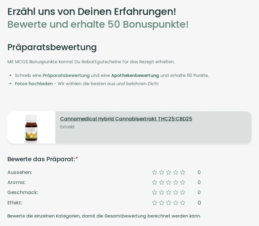 Die Bewertungsseite: Sterne-Kategorien und 50 Bonuspunkte für Deine Bewertung