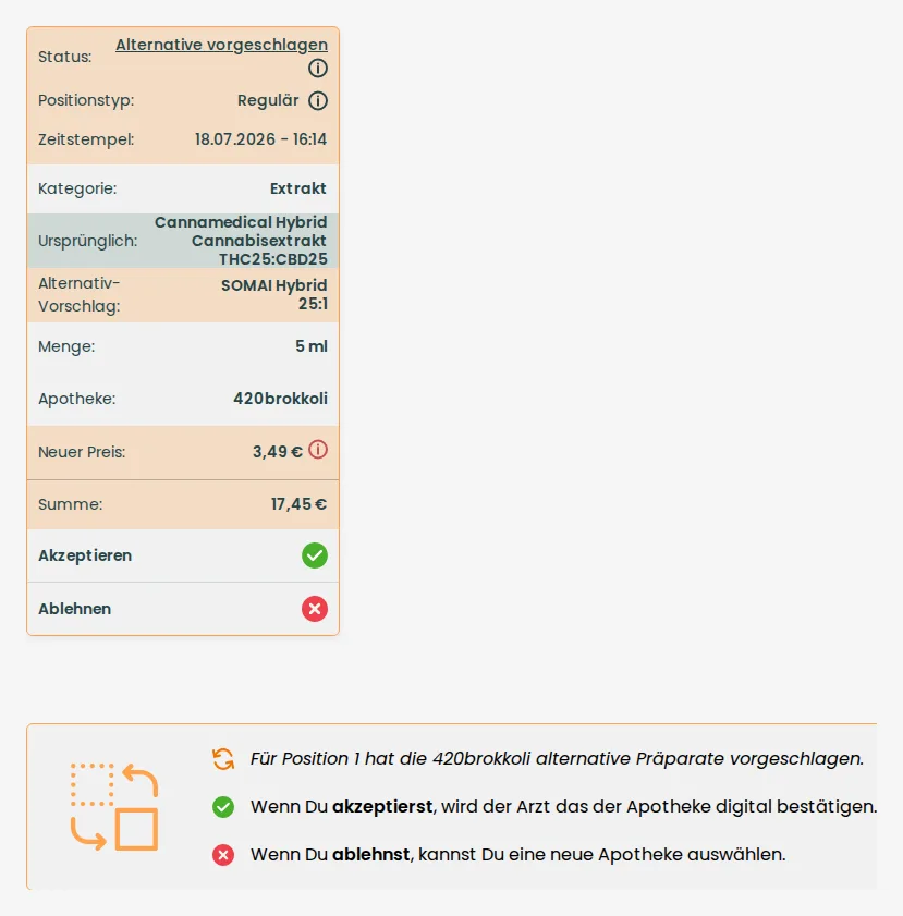 Alternativvorschlag der Apotheke mit Akzeptieren/Ablehnen