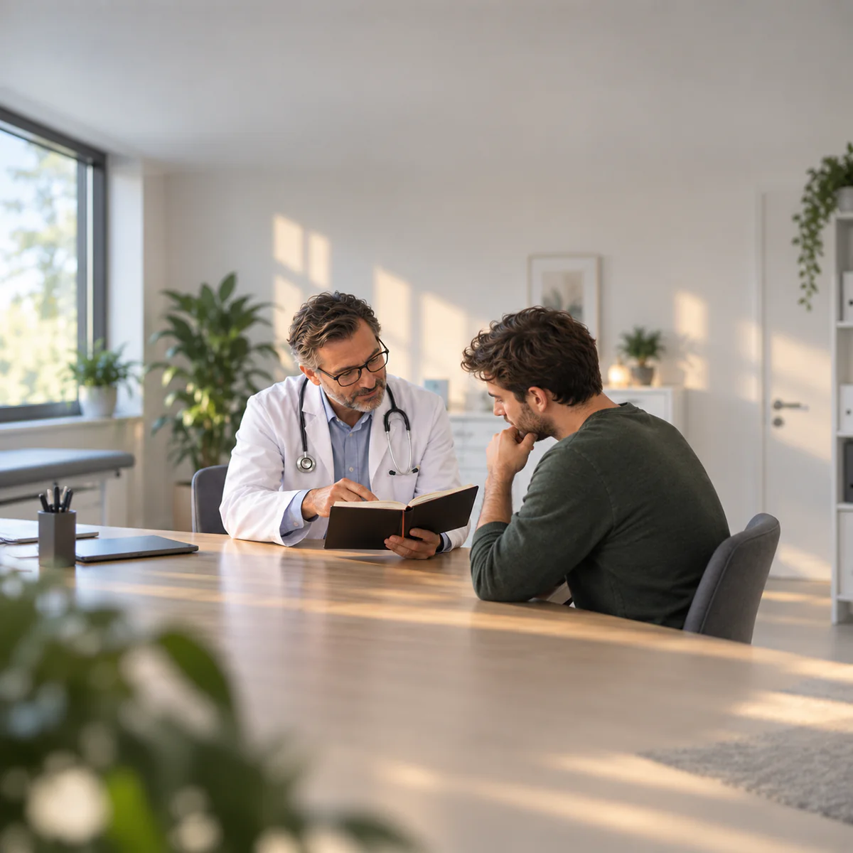 Das Beitragsbild zeigt einen Cannabispatienten und seinen Arzt, wie sie das Cannabis Patiententagebuch besprechen.
